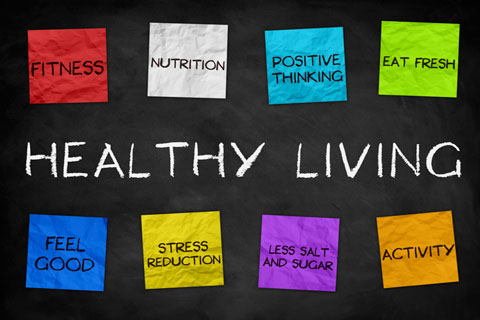 Healthy Living: fitness, nutrition, positive thinking, eat fresh, feel good, stress reuction, less salt and sugar, activity